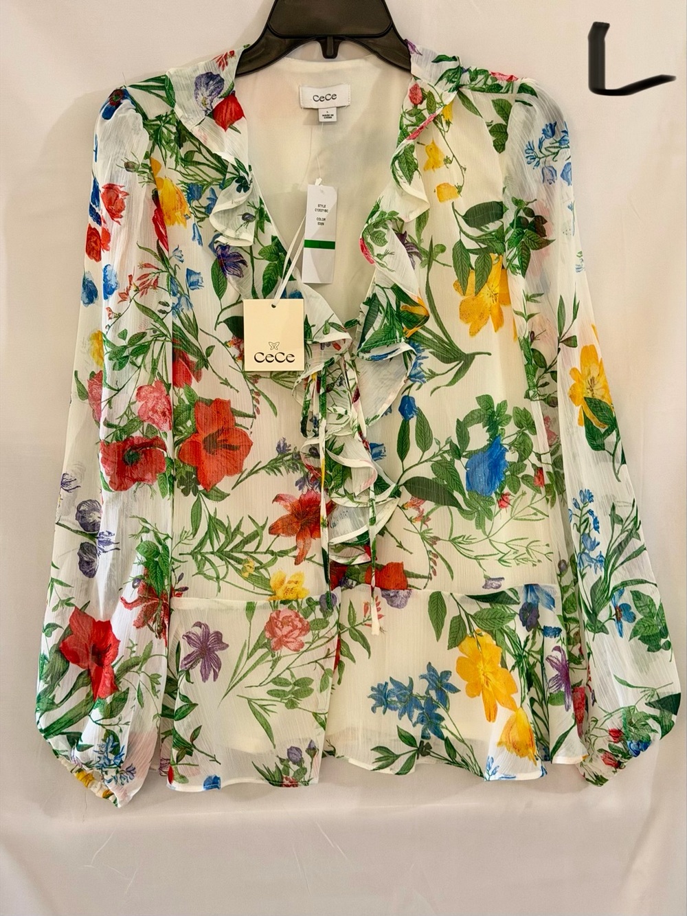 CeCe White Floral Ruffle Tie-Neck Blouse - Picture 1 of 2